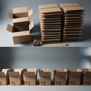 صورة واقعية لثمانية صناديق كرتون مفتوحة بمقاس 30x40 سم مع أطراف مطوية، بجانب 24 صندوق كرتون مسطح مكدس مع شريط قياس للتوضيح