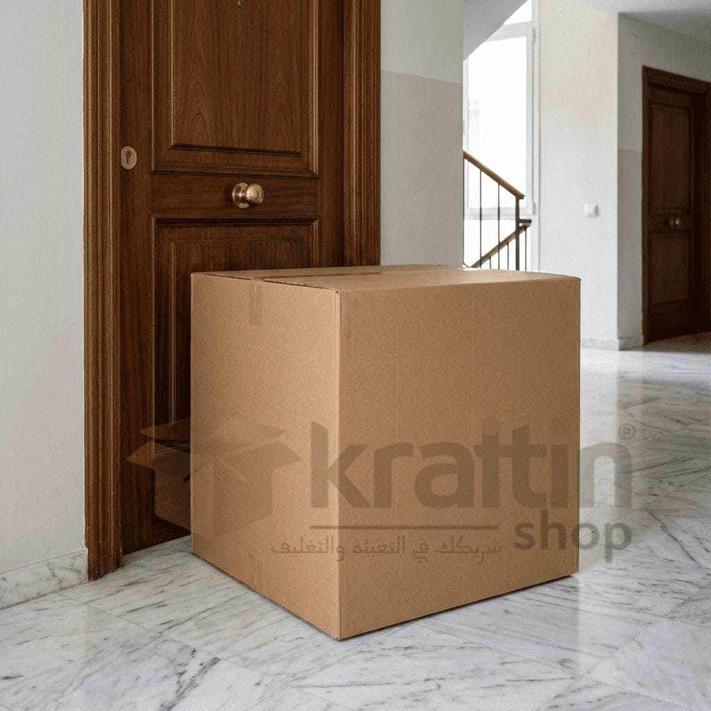 أكبر مقاس كراتين نقل عفش حجم عملاق أمام باب الشقة