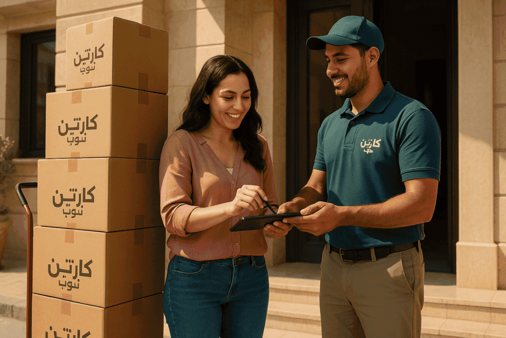 ChatGPT Image 14 يوليو 2025، 02_36_09 ص صاحب مشروع تجاري يستلم طلبية كراتين شحن بعد التعامل مع شركات بيع كراتين بالجملة في مدينة نصر.