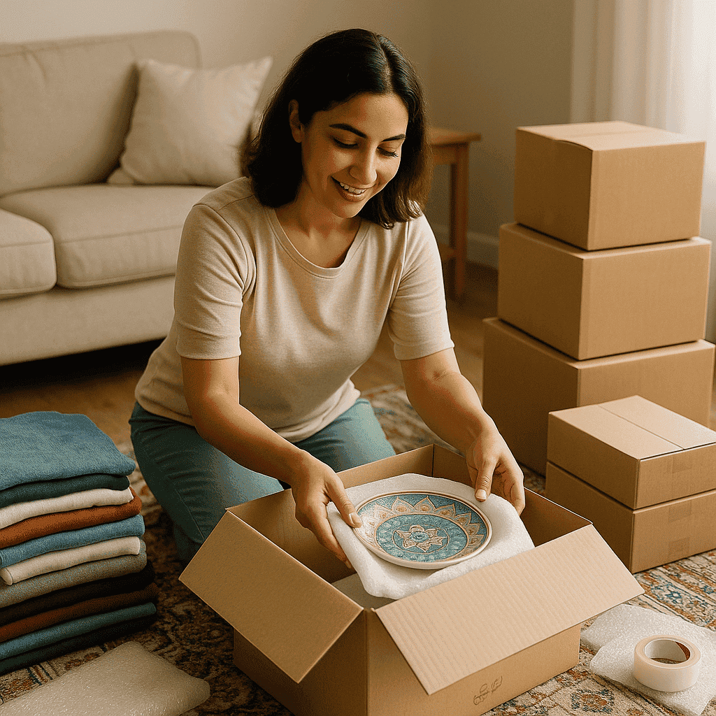 ChatGPT Image 14 يوليو 2025، 02_36_19 ص سيدة تستخدم بابلز رول مع كراتين متينة للنقل الثقيل لضمان حماية الأغراض القابلة للكسر.