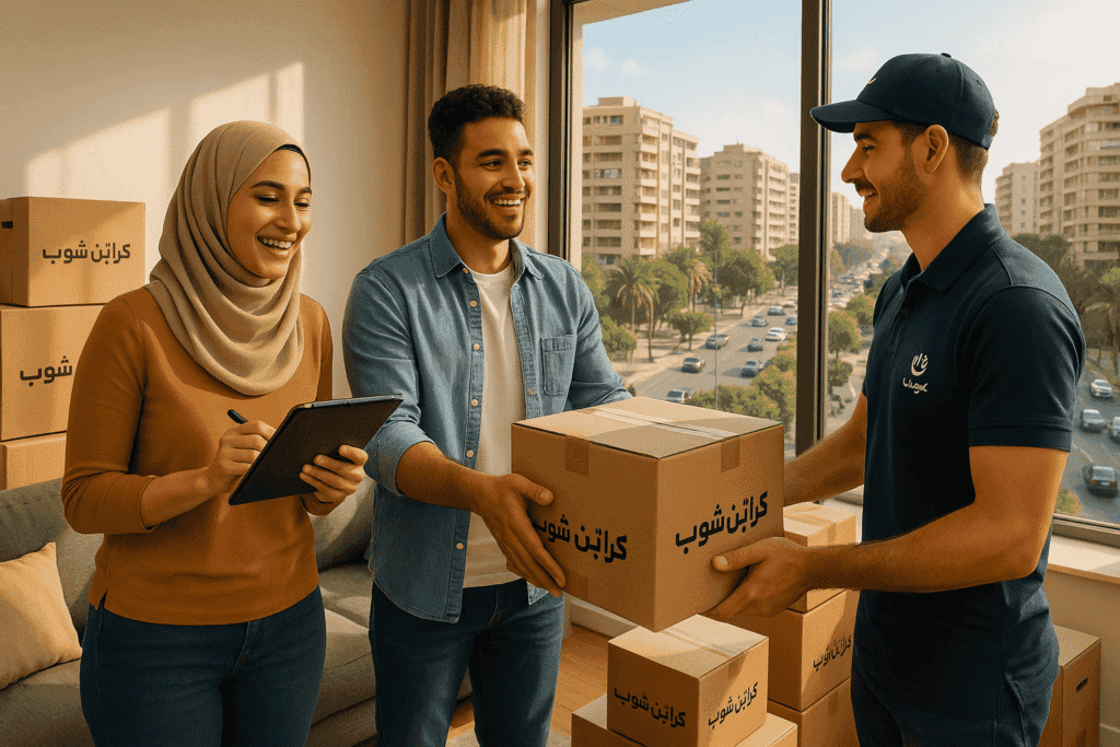 ChatGPT Image 14 يوليو 2025، 02_36_26 ص مندوب توصيل من أفضل أماكن بيع كراتين فارغة بمدينة نصر يقوم بتسليم طلبية كبيرة لعميلة.