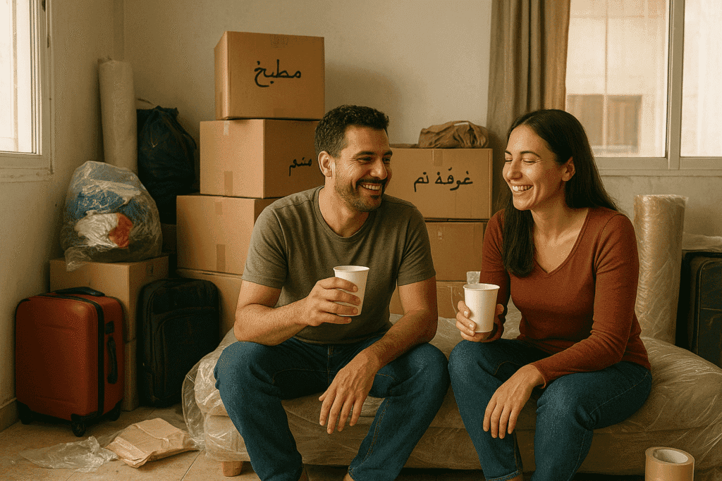 ChatGPT Image 16 أغسطس 2025، 03_04_04 م أسرة تشعر بالرضا والراحة بعد انتهاء عملية النقل بنجاح باستخدام كراتين فارغة قوية في شقتهم الجديدة