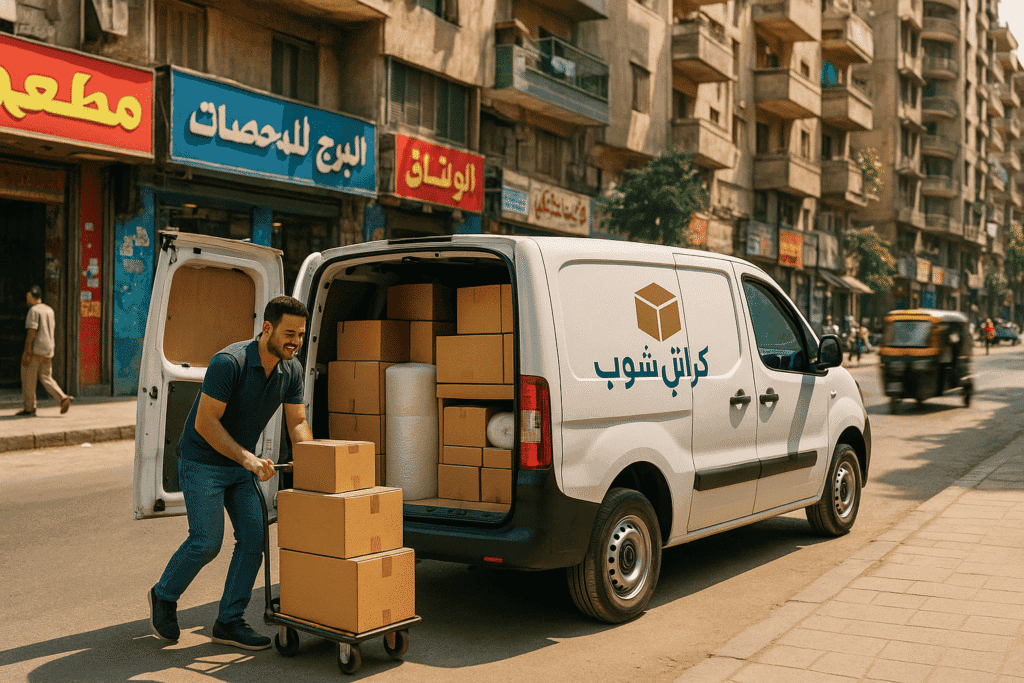 توصيل سريع للكراتين في الهرم وفيصل سيارة توصيل "كراتين شوب" تقوم بتفريغ طلبية في شارع فيصل، كأحد أفضل أماكن بيع كراتين فارغة بالهرم.
