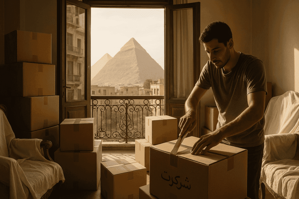 بيع كراتين فارغة بالهرم مع منظر للأهرامات من شقة سكنية أثناء عملية نقل العفش.