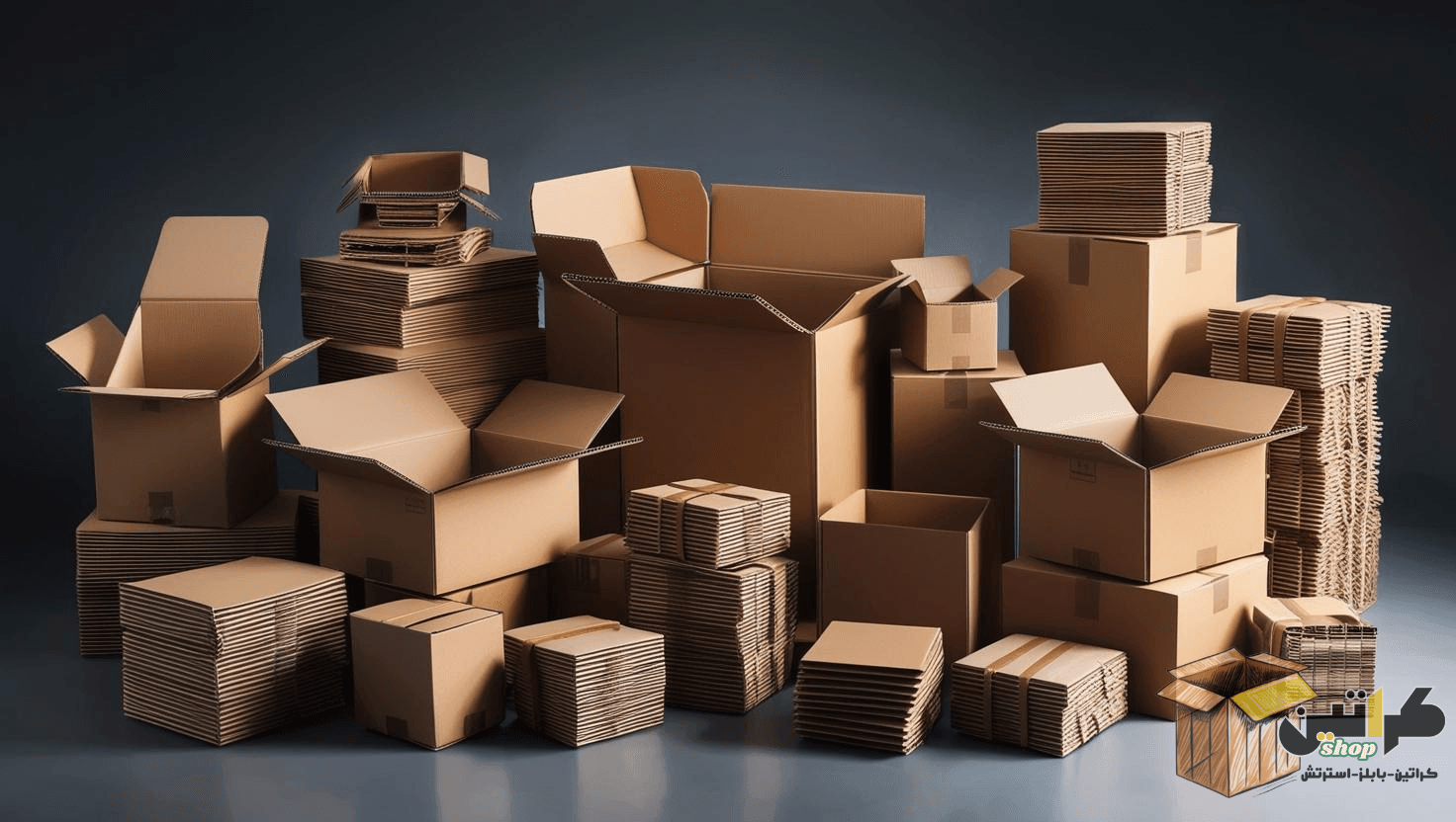 كراتين فارغة مكدسة بشكل منظم في مستودع، جاهزة للنقل والاستخدام في التعبئة والتغليف، بيع كراتين فارغة