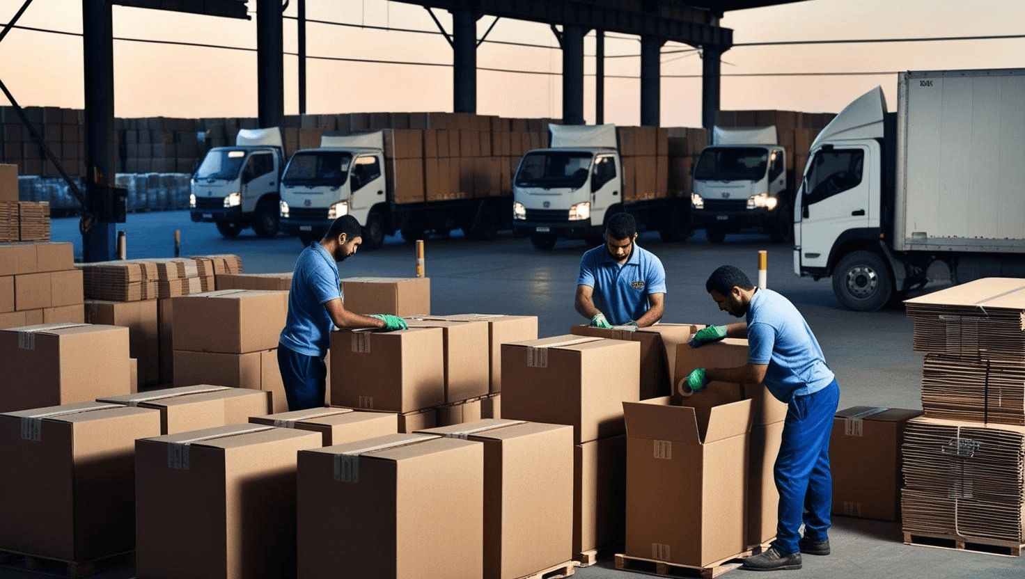 اماكن بيع كراتين فارغة كراتين فارغة، سيارات شحن، عمال مصريون. 