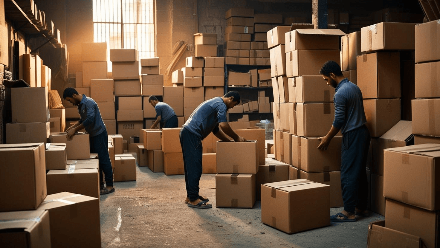 أماكن بيع كراتين فارغة في فيصل رزم كراتين فارغة مكدسة داخل محل عصري في منطقة فيصل بالقاهرة.