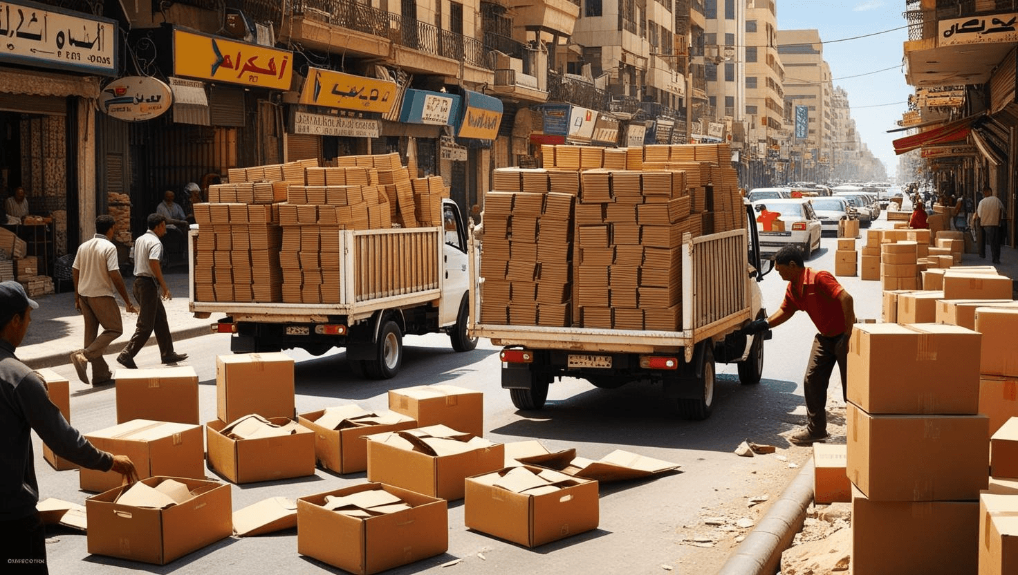 شاحنة نقل محملة بالكراتين الفارغة، تُستخدم في شحن وتوزيع المنتجات عبر المدينة