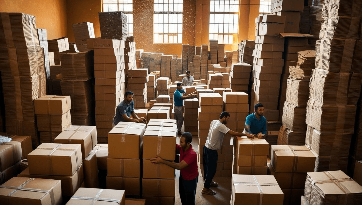 بيع كراتين فارغة مستودع في القاهرة مليء برزم الكراتين المطواة، حيث يقوم رجال مصريون بترتيب الكراتين وتجهيزها للنقل وسط الزحام في المكان، مما يعكس الطلب الكبير على الكراتين في التجارة