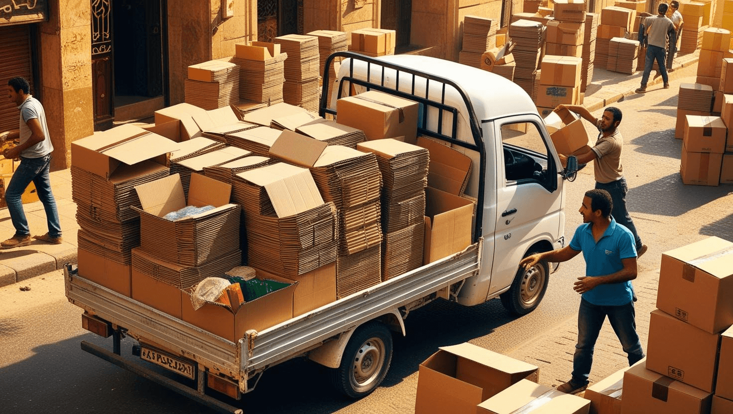 سيارة نقل محملة بالكراتين في القاهرة، مع ترتيب منظم للكراتين، تظهر دور الكراتين في النقل والتوزيع