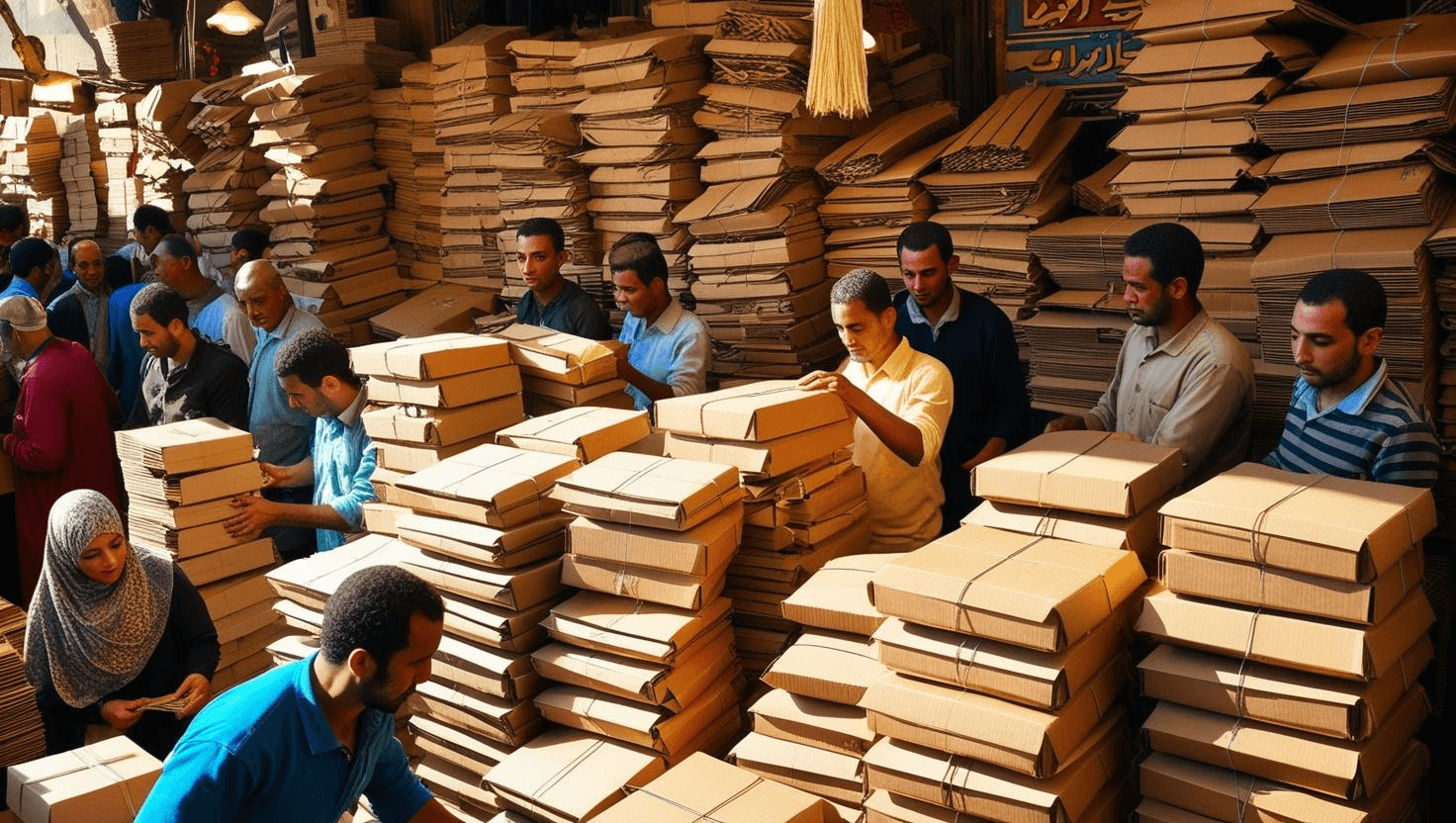 مشهد من داخل متجر متخصص في بيع الكراتين، مع عملاء يختارون الكراتين الفارغة بأحجام مختلفة