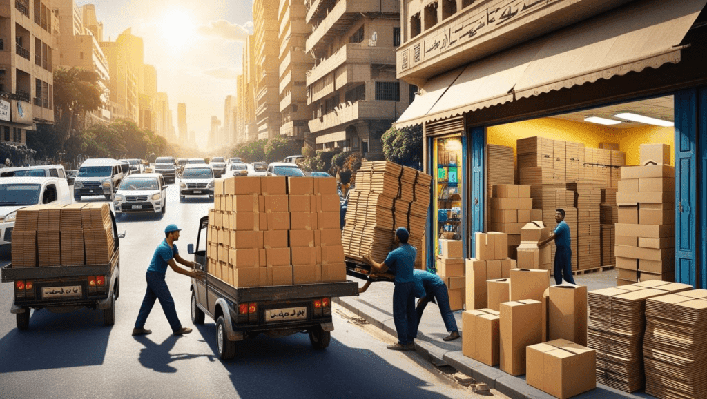 بيع كراتين فارغة صورة تُظهر مشهدًا حيويًا في شوارع القاهرة مع رجال مصريين يقومون بتحميل وتفريغ رزم كراتين مطواة من الشاحنات الصغيرة. يبرز في الخلفية الزحام المروري والنشاط التجاري المكثف. في المستودع المجاور، يتم ترتيب الكراتين المطوية بشكل منظم، بينما داخل المحلات التجارية، يختار الزبائن أحجام الكراتين المناسبة لاحتياجاتهم، مما يعكس الدور الحيوي للكراتين في السوق المصري.