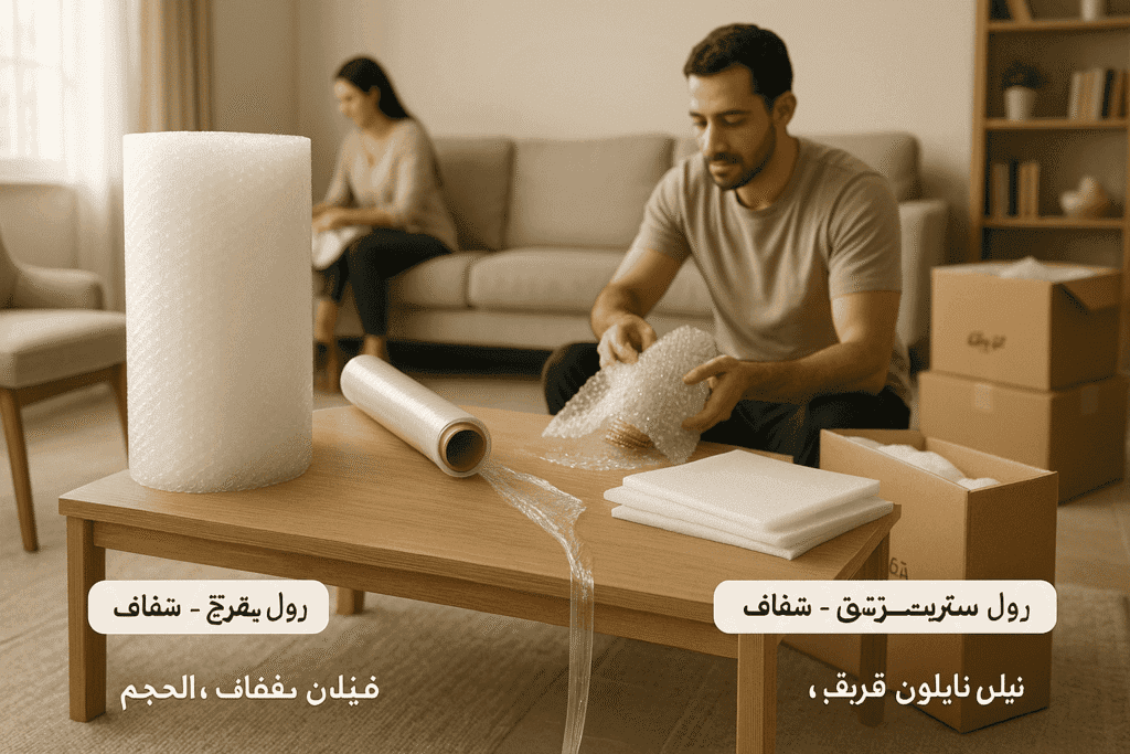 ChatGPT Image 18 يوليو 2025، 12_21_55 ص تشكيلة من مستلزمات التغليف تشمل رول بابلز واسترتش وفوم بجانب كراتين فارغة.