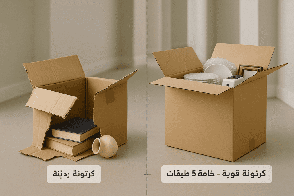 ChatGPT Image 18 يوليو 2025، 12_21_59 ص مقارنة بين كرتونة ممزقة وكرتونة 5 طبقات متينة توضح أهمية شراء كراتين عالية الجودة.