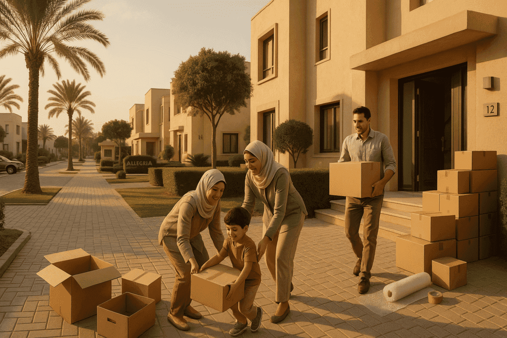 ChatGPT Image 18 يوليو 2025، 12_23_02 ص سيارة توصيل تقوم بتفريغ كراتين نقل عفش أمام فيلا في كومباوند راقٍ بالشيخ زايد.