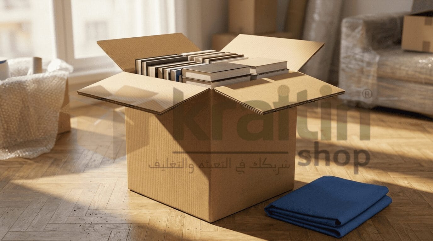 تعبئة كتب وأطقم صيني بأمان داخل كرتونة ٤٠×٤٠×٦٠ سم خمس طبقات