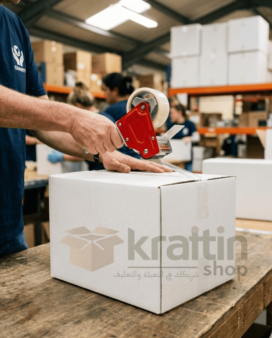 إغلاق وتغليف الكراتين البيضاء في المستودع