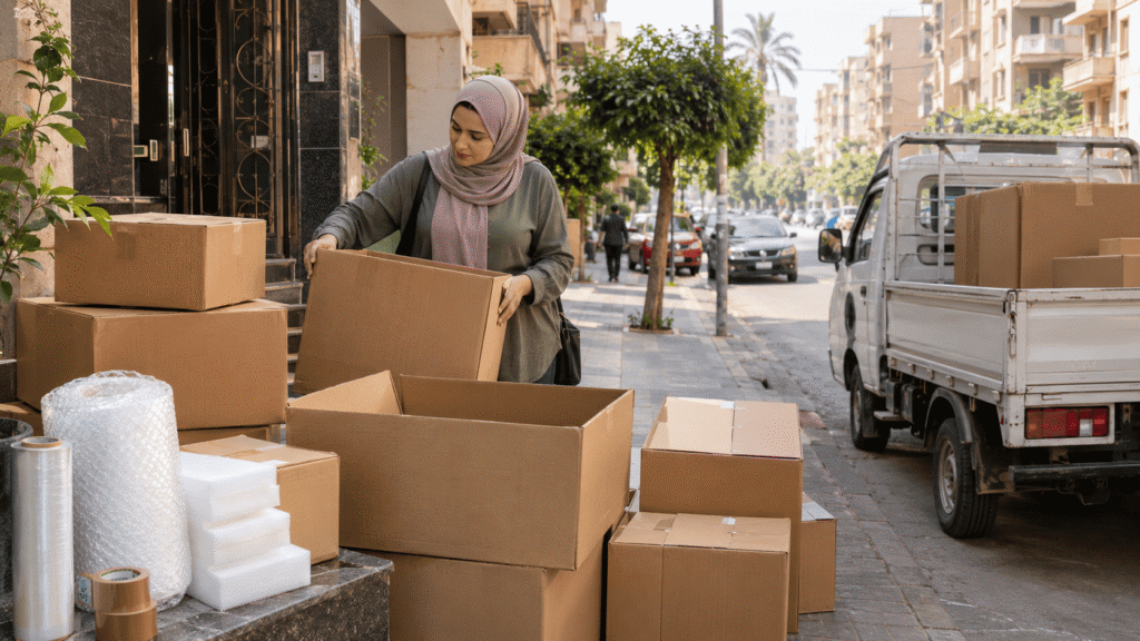 أماكن بيع كراتين فارغة بالجيزة وتجهيز شحنات كراتين نقل الأثاث مع ألواح الفوم ورول البابلز بجوار سيارة النقل