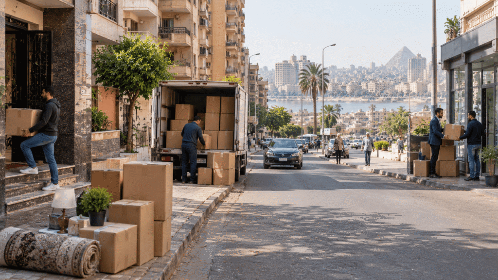 أماكن بيع كراتين فارغة بالجيزة وتحميل كراتين العفش والسجاد داخل سيارة النقل بالقرب من كورنيش النيل والأهرامات